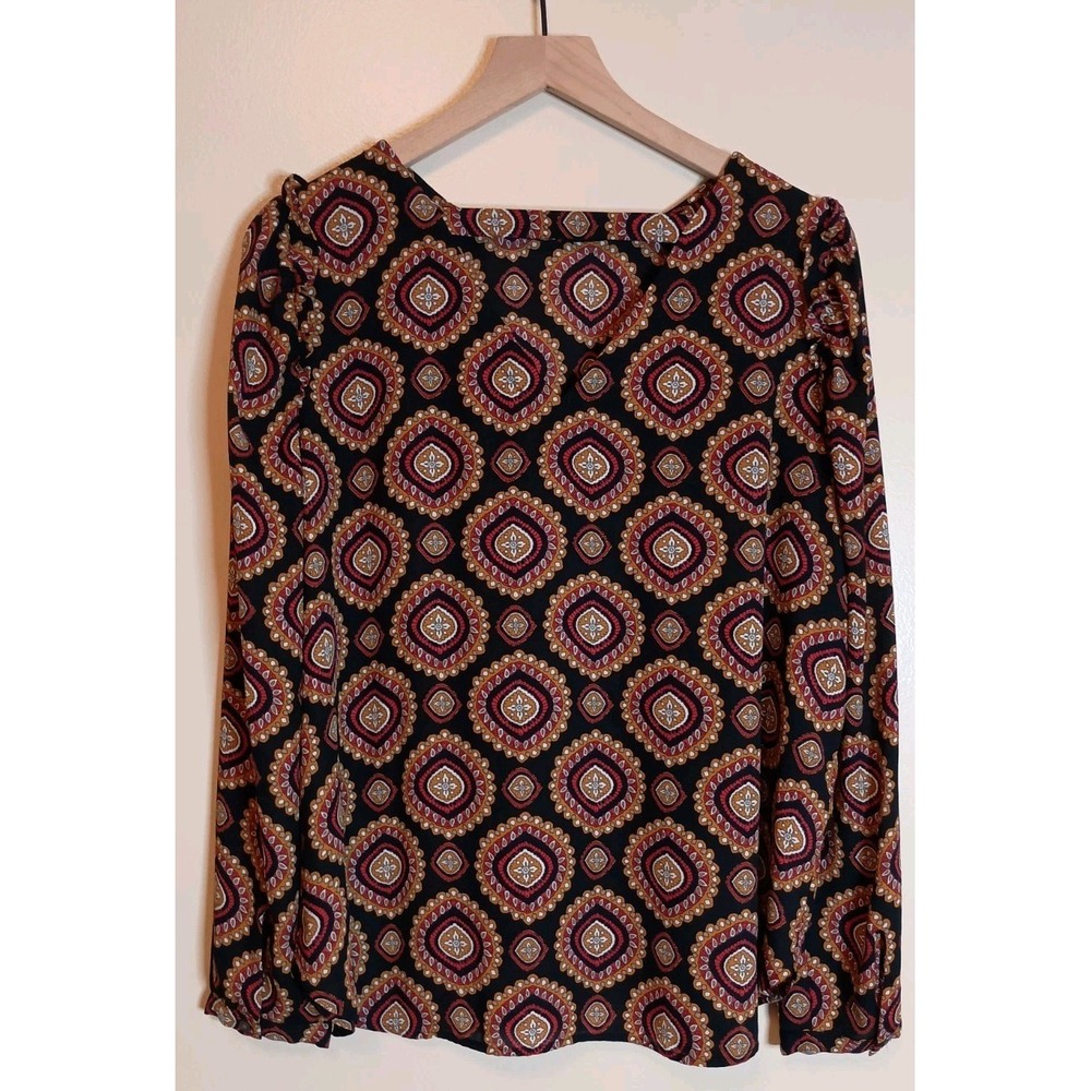 LOFT Medallion Print Ruffle Shoulder Blouse Womens L Bar Back Boho Top - Picture 8 of 14